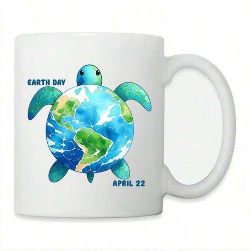 Tailorly White Ceramic 11 oz Mug - Earth Day April 22 Artistic Watercolor Shell Featuring Vibrant Blue Planet Earth Turtle