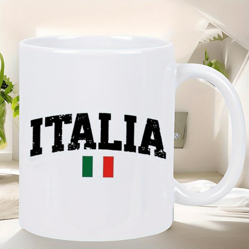 Tailorly White Ceramic 11 oz Mug - Italia Vintage Distressed Arched Lettering Above A Small Rectangular National Flag