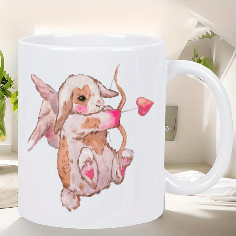 Tailorly White Ceramic 11 oz Mug - Adorable Watercolor Cupid With Angel Wings Aiming Love Heart Bow Arrow Rabbit