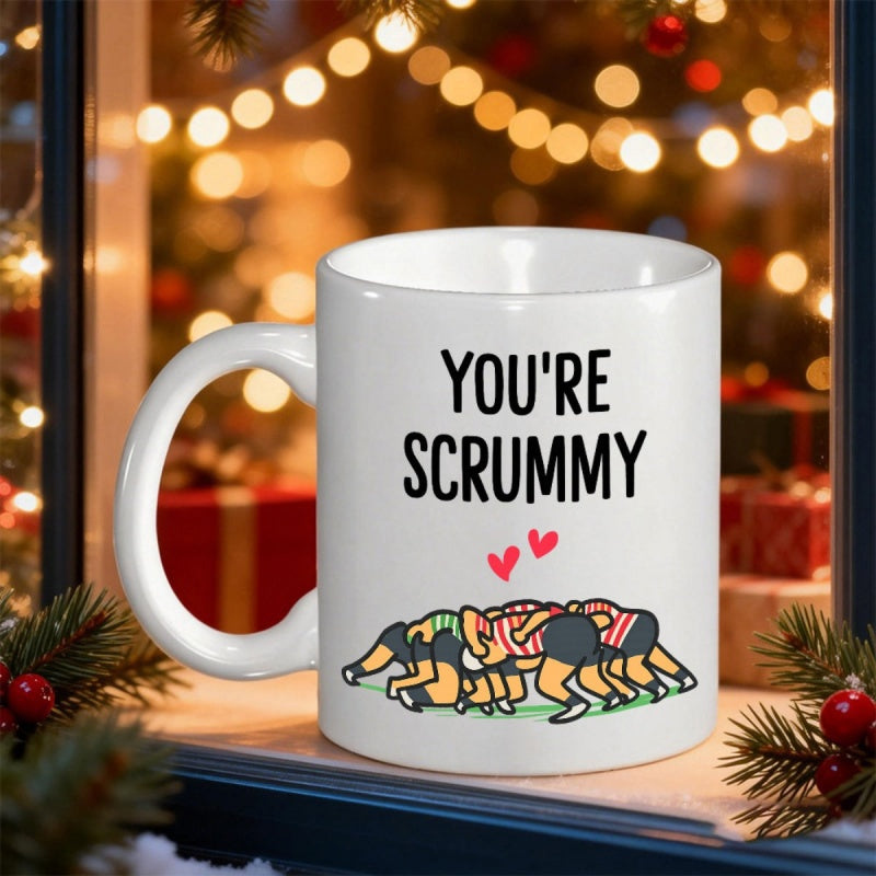 Tailorly White Ceramic 11 oz Mug - Youre Scrummy Competitive Team Of Rugby Players Forming A Strong Huddle Action Scrum