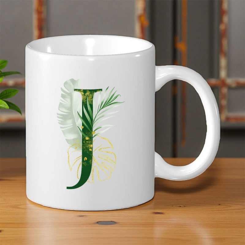 Tailorly White Ceramic 11 oz Mug - J Tropical Green Leaves And Golden Line Art Botanical Foliage Surrounding A Large Letter