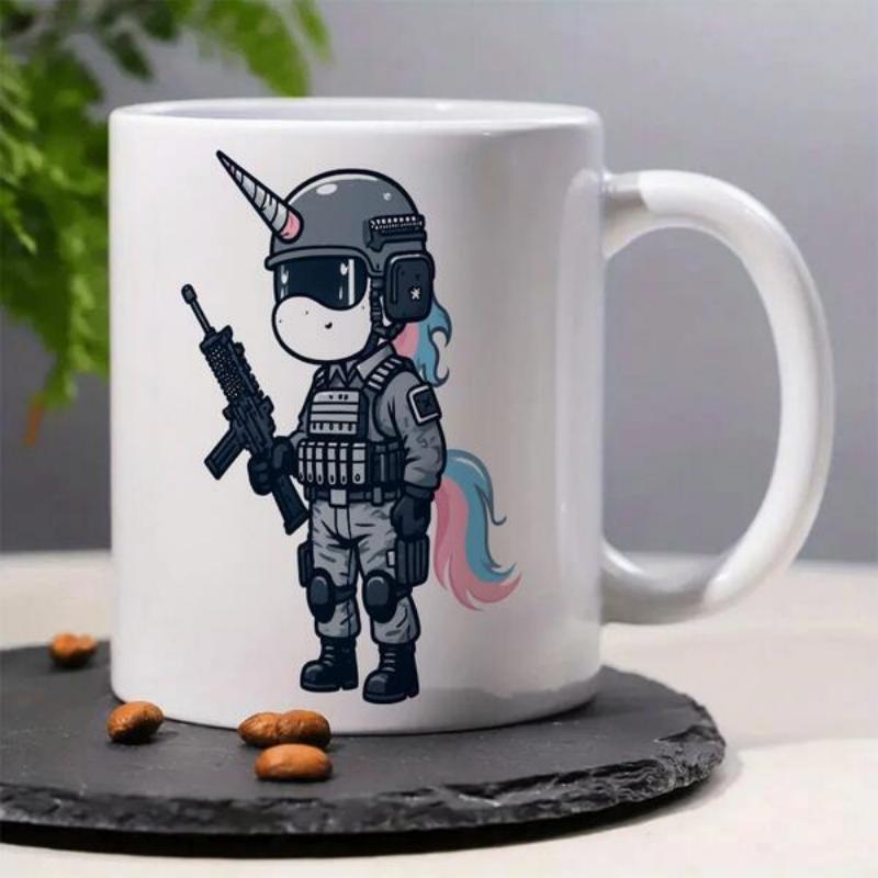 Tailorly White Ceramic 11 oz Mug - Brave Combat Ready Tactical Warrior Featuring Detailed Military Gear And Rainbow Tail Unicorn