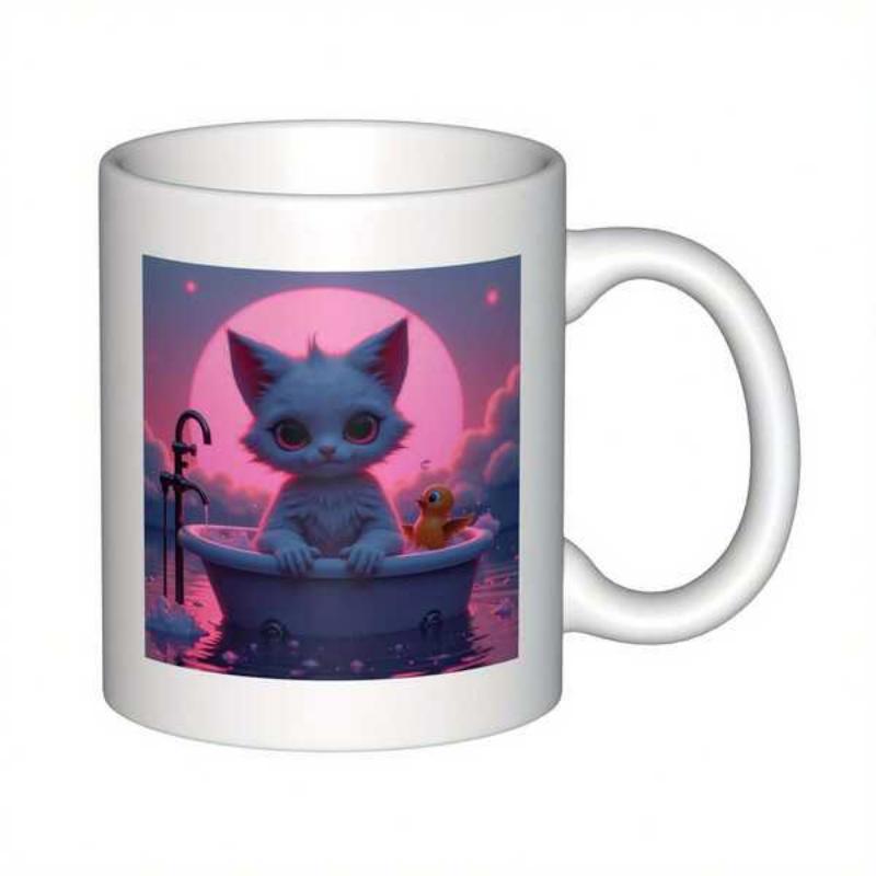 Tailorly White Ceramic 11 oz Mug - Adorable Little Kitten Sitting Inside Bathtub Under Giant Pink Glowing Moon Cat