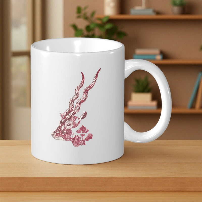 Tailorly White Ceramic 11 oz Mug - Intricate Floral Patterns Decorating A Majestic Long Horned Wild Desert Antelope
