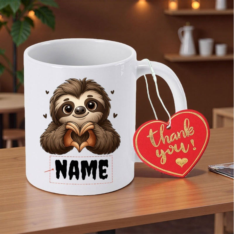 Tailorly White Ceramic 11 oz Mug - Thank You Adorable Cartoon Sloth Making Heart Gesture Surrounded By Small Hearts Sloth