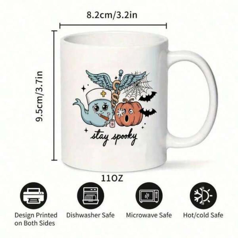 Tailorly White Ceramic 11 oz Mug - Stay Spooky Cute Cartoon Ghost And Shocked Pumpkin With Medical Caduceus Bats Mug