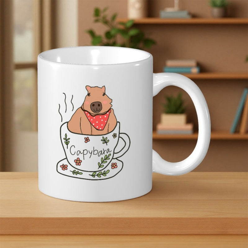 Tailorly White Ceramic 11 oz Mug - Capybara Adorable Cartoon Animal Resting Inside Floral Decorated Teacup With Red Bandana Capybara