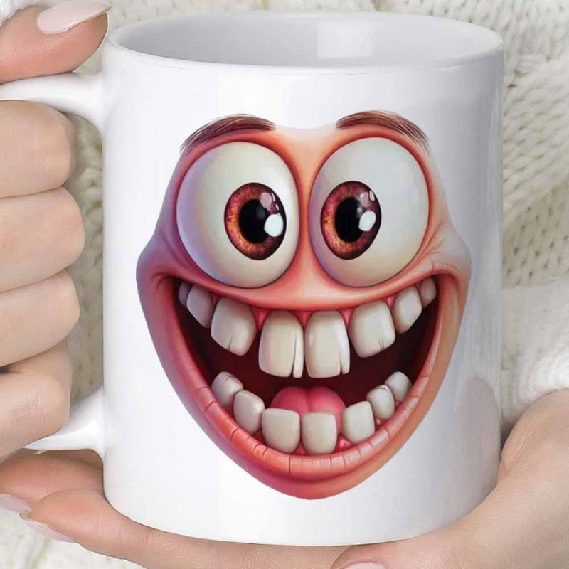 Tailorly White Ceramic 11 oz Mug - Wide Grinning Cartoon Character With Big Teeth And Expressive Eyes Face