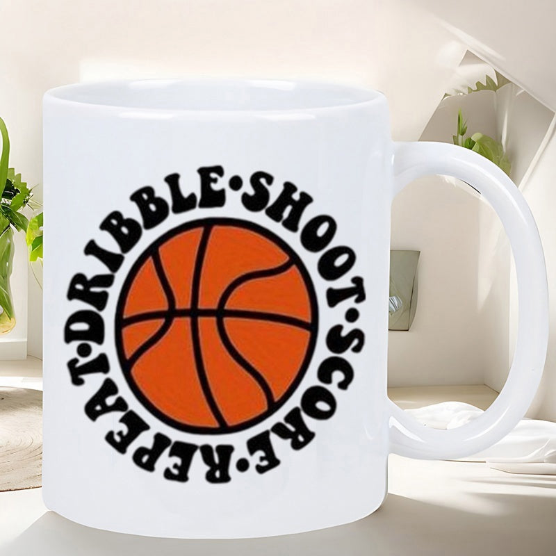 Tailorly White Ceramic 11 oz Mug - Dribble Shoot Score Repeat Classic Orange Sports Ball Surrounded By Retro Circular Typography Basketball