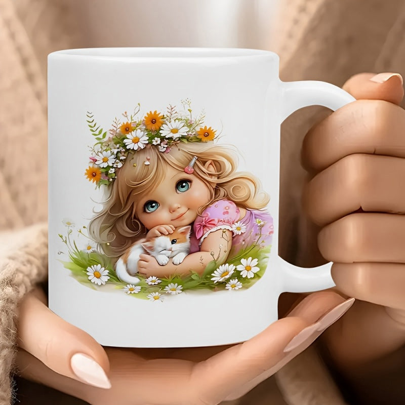 Tailorly White Ceramic 11 oz Mug - Whimsical Little Girl With Floral Crown Cuddling A Fluffy White Kitten Girl
