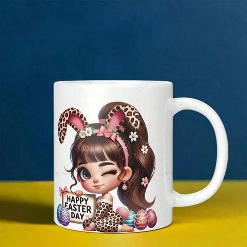 Tailorly White Ceramic 11 oz Mug - Happy Easter Day Adorable Cartoon Girl Wearing Leopard Print Bunny Ears Among Decorated Eggs Girl