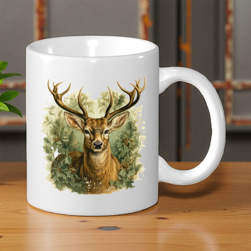 Tailorly White Ceramic 11 oz Mug - Majestic Stag With Large Antlers Resting Among Lush Green Forest Foliage Deer