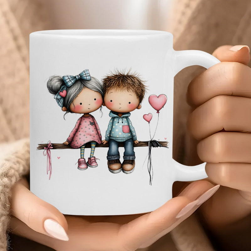 Tailorly White Ceramic 11 oz Mug - Cute Little Boy And Girl Sitting On Branch With Pink Heart Balloons Couple