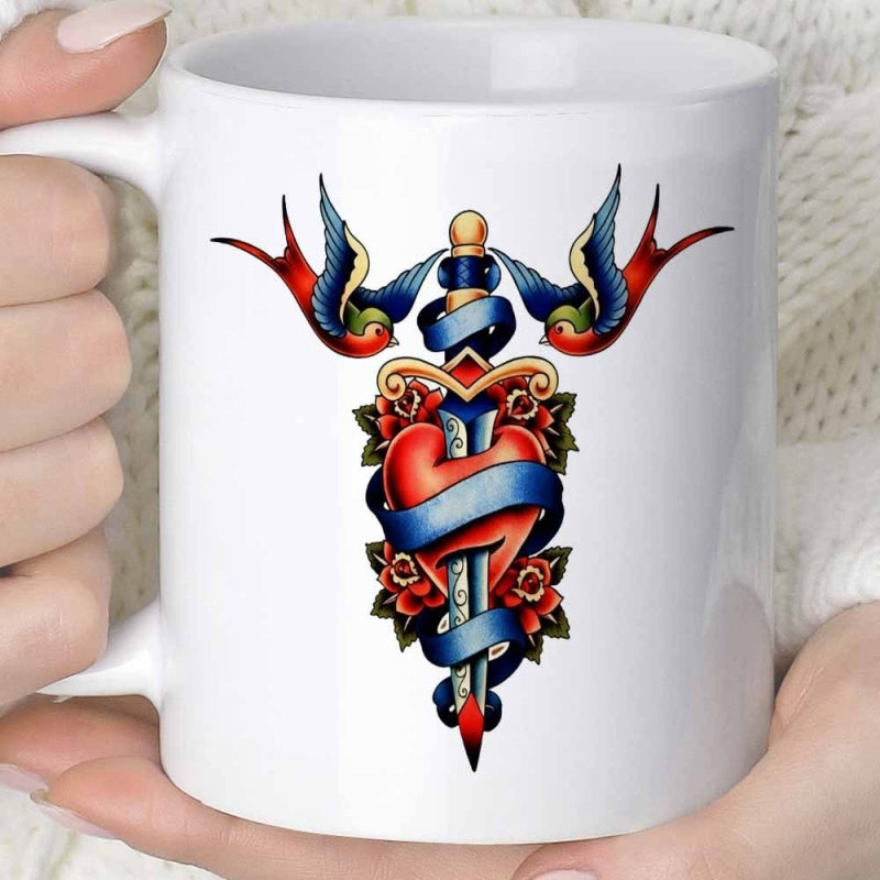 Tailorly White Ceramic 11 oz Mug - Classic Old School Tattoo Design With Birds Roses And Pierced Heart Dagger