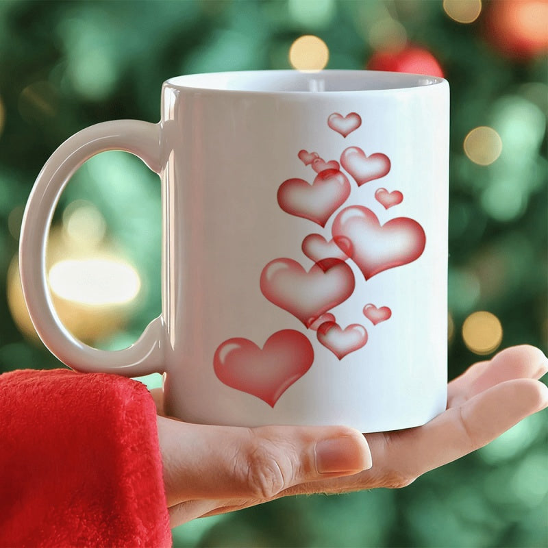 Tailorly White Ceramic 11 oz Mug - Delicate Floating Red And Pink Bubble Hearts Rising Upward Gracefully Heart
