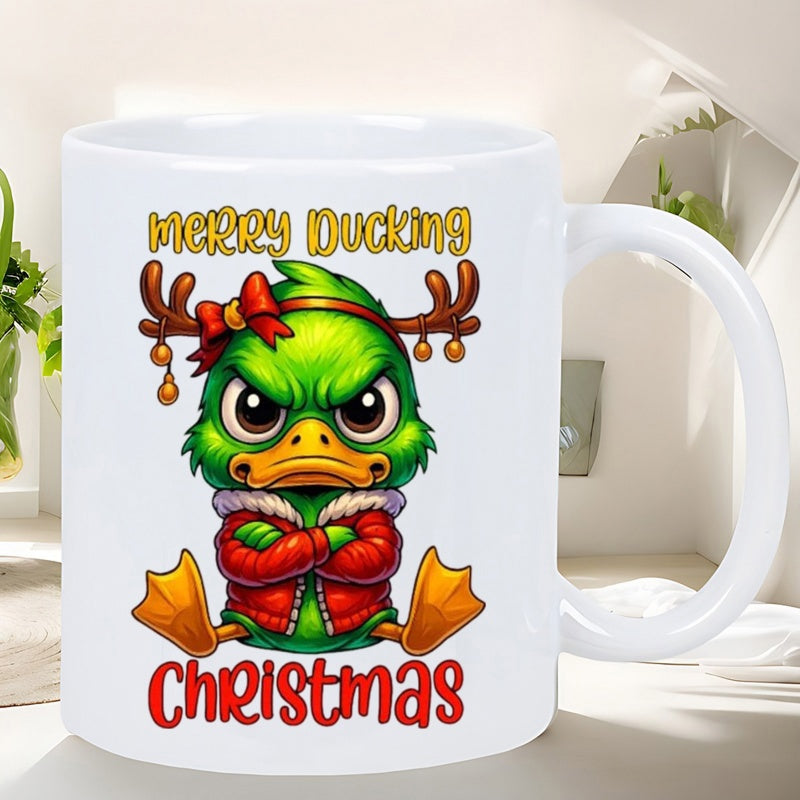 Tailorly White Ceramic 11 oz Mug - Merry Ducking Christmas Angry Green Bird Wearing Festive Red Sweater And Reindeer Antlers Duck