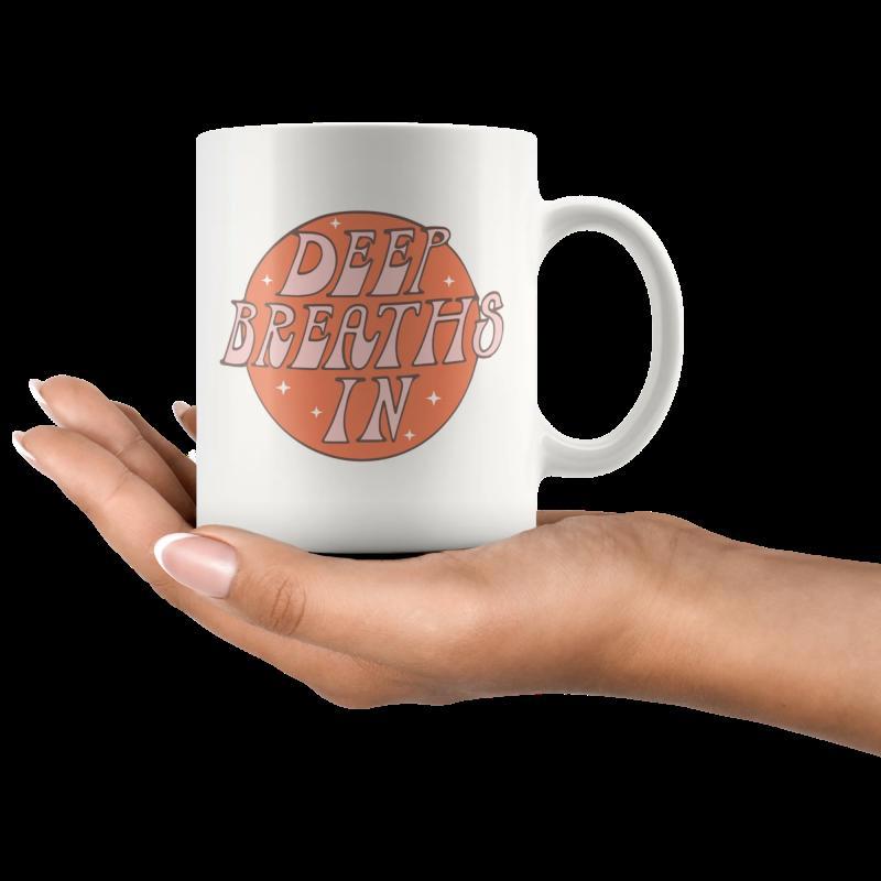 Tailorly White Ceramic 11 oz Mug - Deep Breaths In Retro Style Orange Circular Pattern With White Tiny Dots Detail Mug
