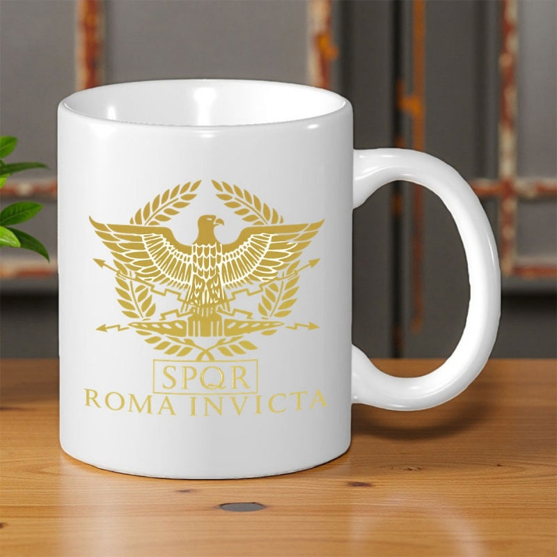 Tailorly White Ceramic 11 oz Mug - SPQR Roma Invicta Golden Imperial Symbol Surrounded By Laurel Wreath With Wings Eagle