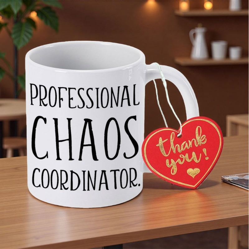 Tailorly White Ceramic 11 oz Mug - Professional Chaos Coordinator Thank You Minimalist White Ceramic Vessel With Bold Black Lettering And Heart Tag Mug