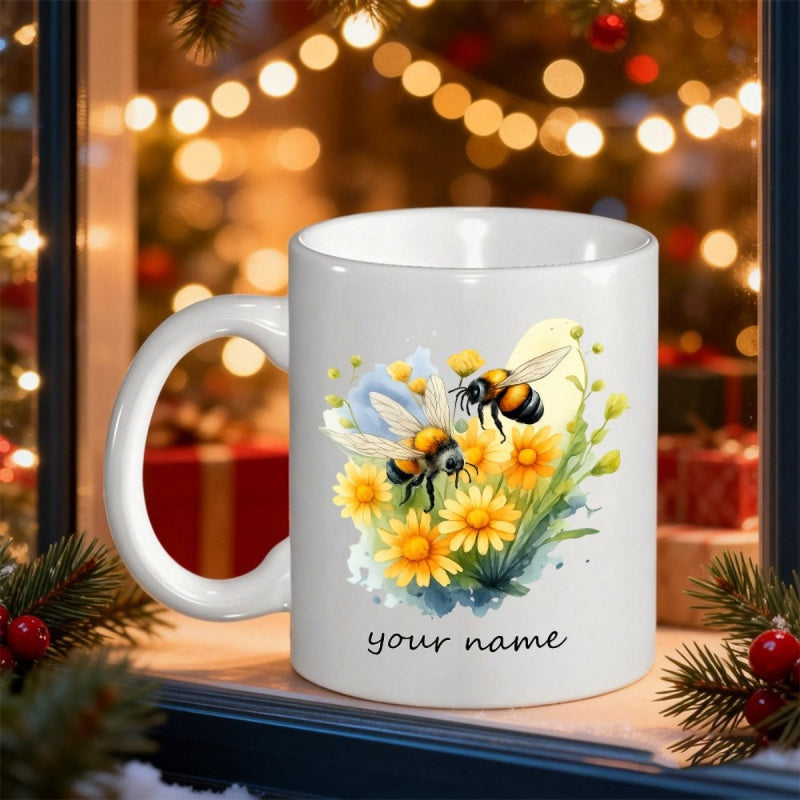 Tailorly White Ceramic 11 oz Mug - Your Name Golden Bees Flying Among Vibrant Yellow Flowers In Watercolor Style Bee