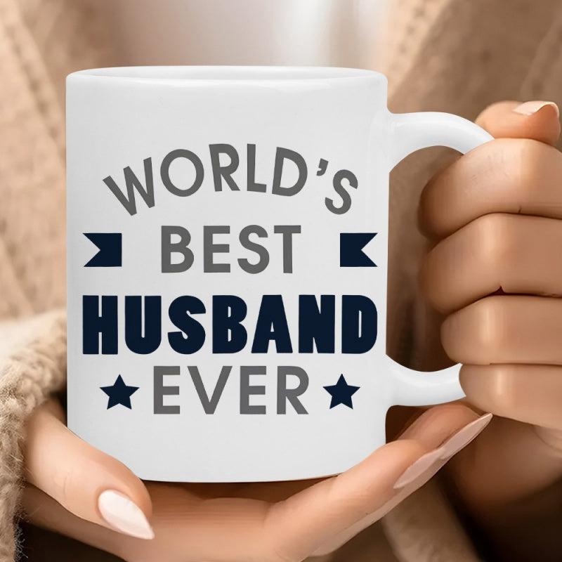 Tailorly White Ceramic 11 oz Mug - Worlds Best Husband Ever Bold Navy Blue Lettering With Small Decorative Stars And Ribbons Mug