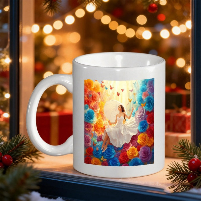 Tailorly White Ceramic 11 oz Mug - Dreaming Among Vibrant Roses With Flying Butterflies And Golden Sunbeams Woman