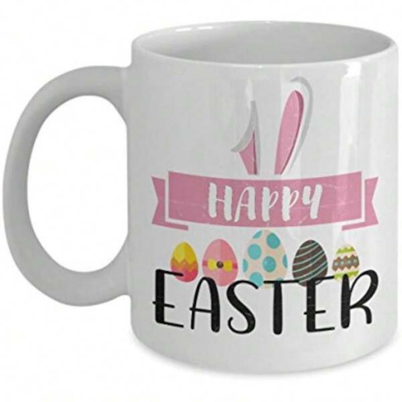 Tailorly White Ceramic 11 oz Mug - Happy Easter Festive Pink Ribbon Featuring Colorful Patterned Seasonal Decorative Eggs Bunny