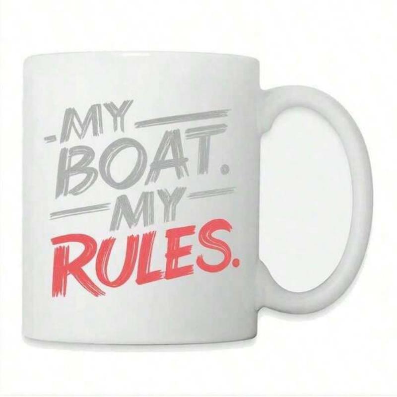 Tailorly White Ceramic 11 oz Mug - My Boat My Rules Hand Drawn Sketchy Typography With Red And Grey Artistic Lines Boat