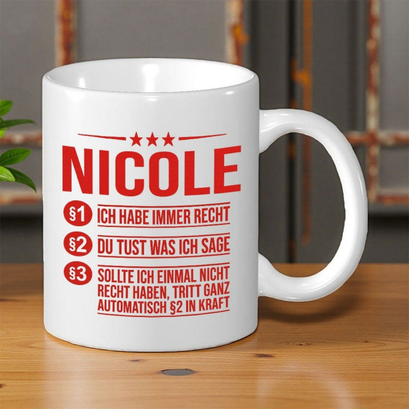 Tailorly White Ceramic 11 oz Mug - Nicole Minimalist Red Typography Design With Decorative Stars And Section Lines Mug
