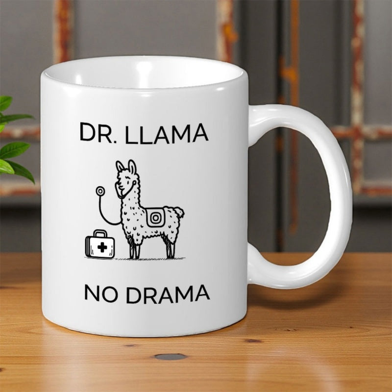 Tailorly White Ceramic 11 oz Mug - Dr Llama No Drama Stylized Cartoon Llama Character Carrying Medical Stethoscope And Kit Llama