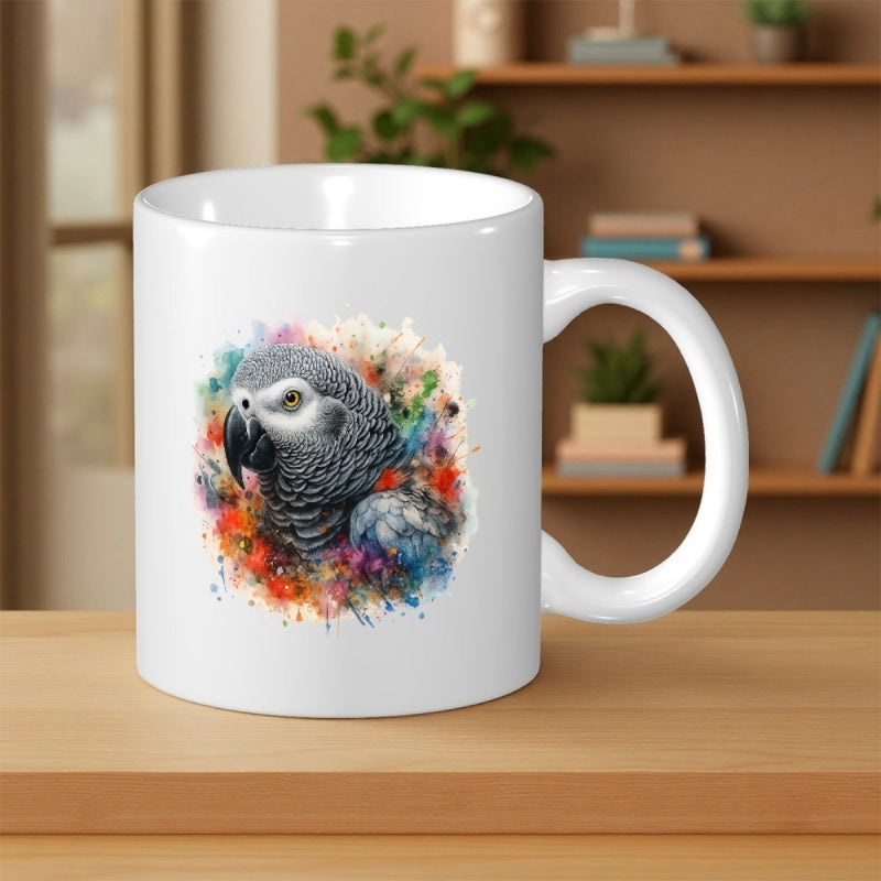 Tailorly White Ceramic 11 oz Mug - Artistic Watercolor Style Vibrant Colorful Feathers With Ink Splashes Parrot