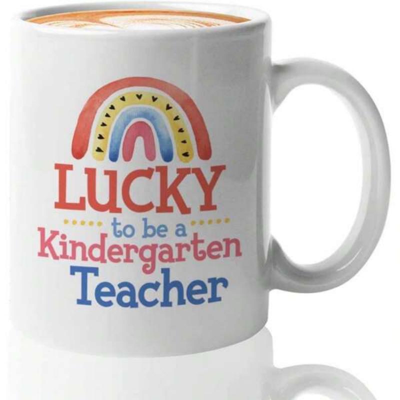 Tailorly White Ceramic 11 oz Mug - Lucky To Be A Kindergarten Teacher Soft Pastel Boho Rainbow With Tiny Hearts And Decorative Script Typography Rainbow
