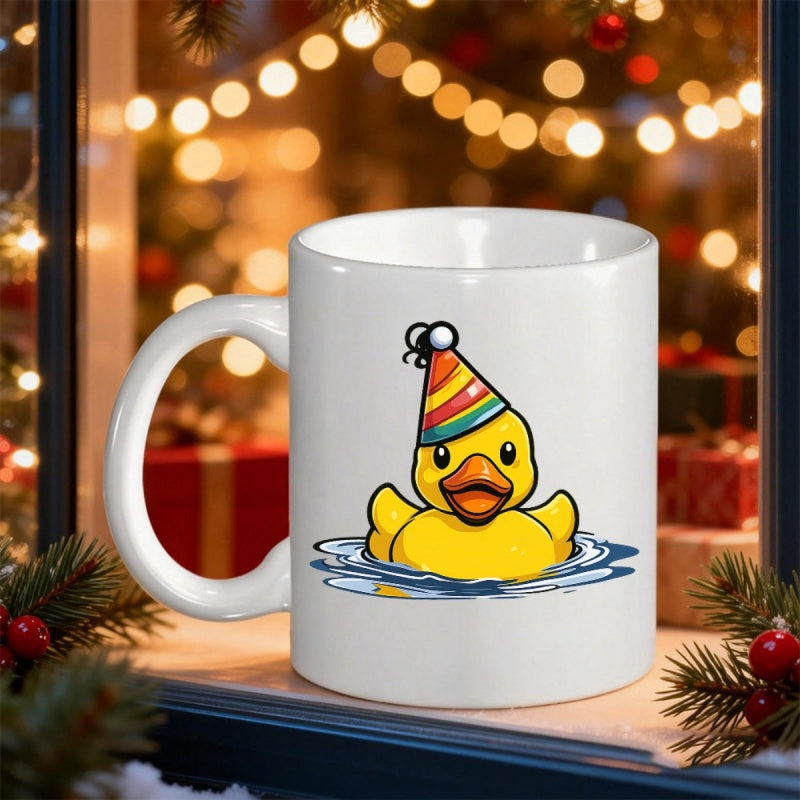 Tailorly White Ceramic 11 oz Mug - Adorable Little Yellow Bird Wearing Striped Birthday Hat Floating On Rippling Water Duck