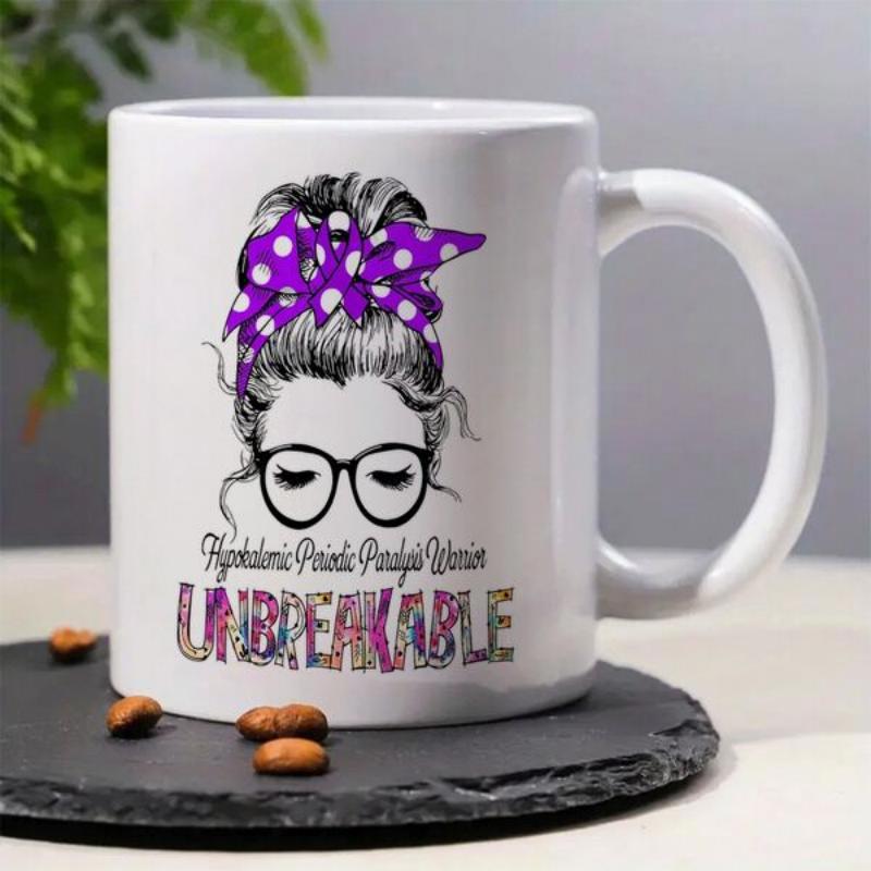 Tailorly White Ceramic 11 oz Mug - Hypokalemic Periodic Paralysis Warrior Unbreakable Messy Hair Bun Wearing Purple Polka Dot Headband And Black Glasses Woman