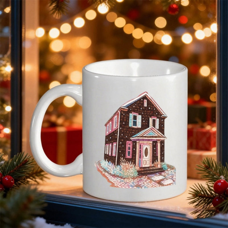 Tailorly White Ceramic 11 oz Mug - Charming Brown Cottage Surrounded By Snowy Bushes In A Winter Setting House