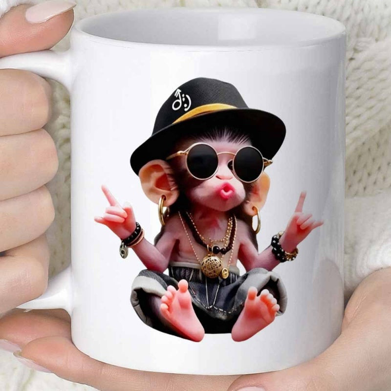 Tailorly White Ceramic 11 oz Mug - Cool Hip Hop Baby Wearing Sunglasses And Hat Sitting With Jewelry Monkey