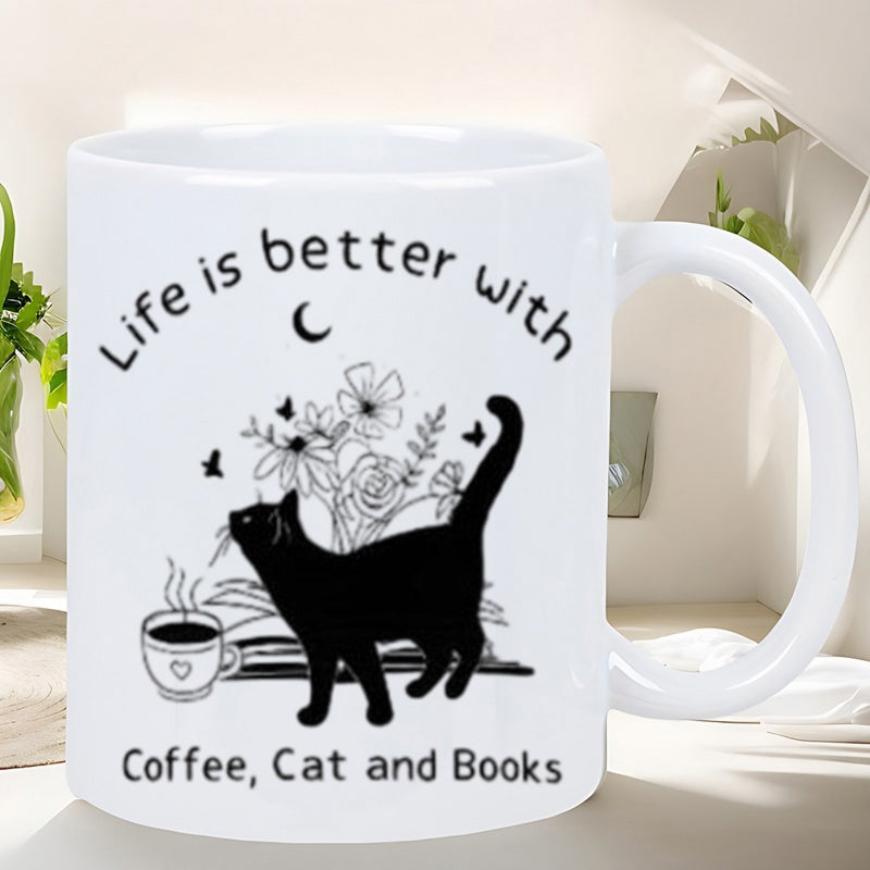 Tailorly White Ceramic 11 oz Mug - Life Is Better With Coffee Cat And Books Minimalist Black Silhouette Walking Among Delicate Flowers And Steaming Coffee Mug Cat