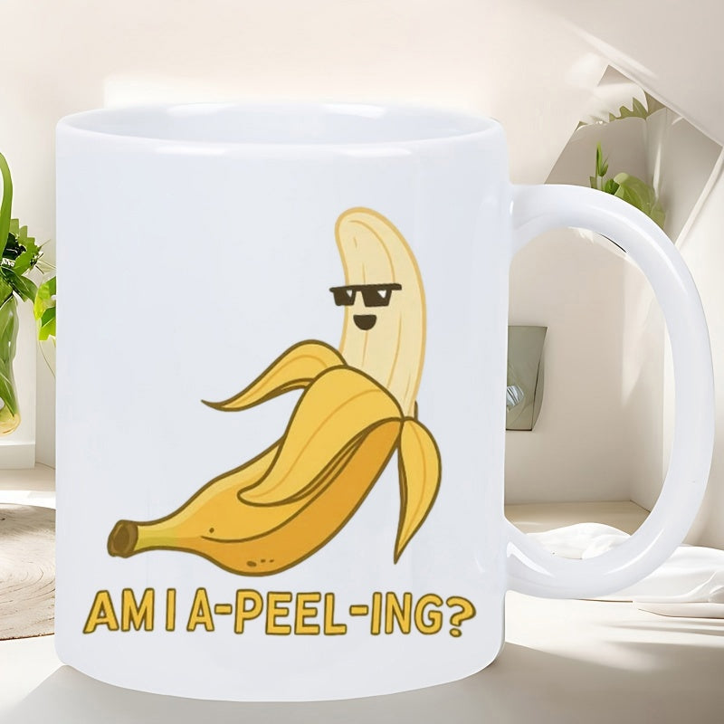 Tailorly White Ceramic 11 oz Mug - Am I Apeeling Cartoon Banana Wearing Cool Sunglasses Partially Peeled On White Background Banana