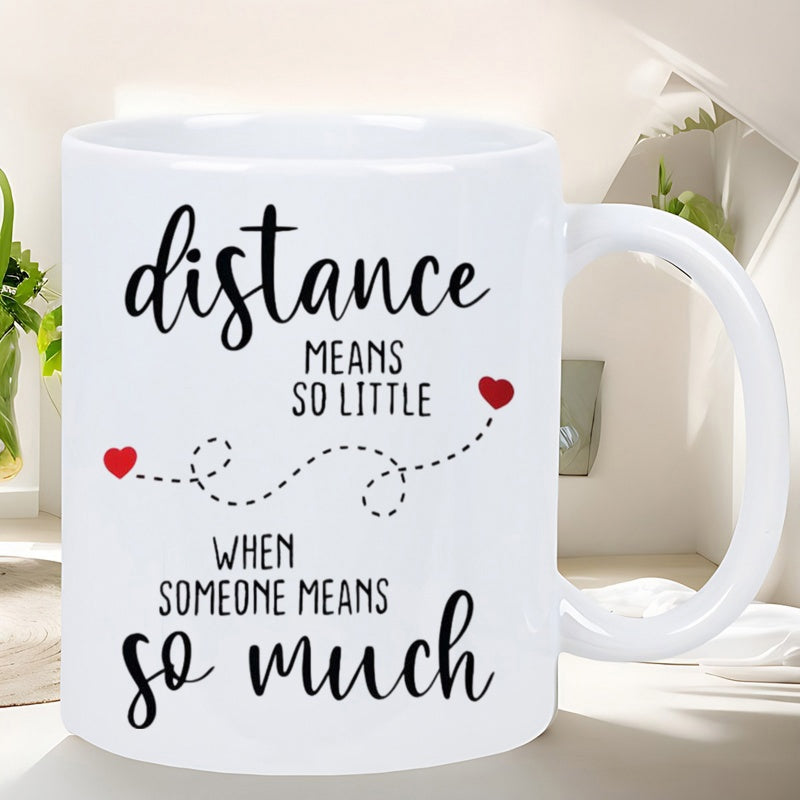 Tailorly White Ceramic 11 oz Mug - Distance Means So Little When Someone Means So Much Two Tiny Red Hearts Connected By Elegant Dotted Curved Swirls Mug