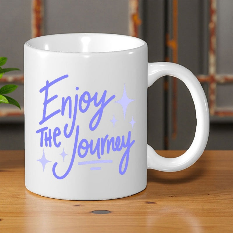 Tailorly White Ceramic 11 oz Mug - Enjoy The Journey Motivational Script Lettering With Delicate Sparkling Stars In Purple Hue Sign