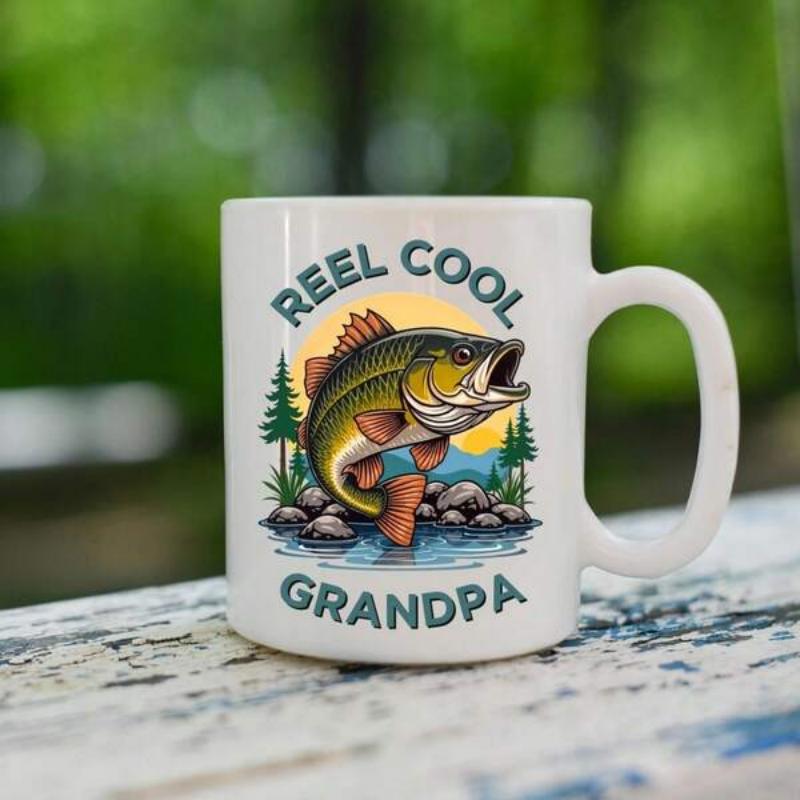 Tailorly White Ceramic 11 oz Mug - Reel Cool Grandpa Vibrant Largemouth Bass Leaping From River Water Near Evergreen Pine Trees Bass