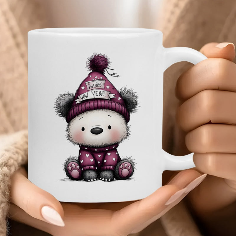 Tailorly White Ceramic 11 oz Mug - Happy New Year Cute Fluffy Cartoon Wearing Purple Knitted Hat And Heart Patterned Sweater Bear