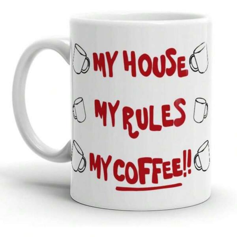 Tailorly White Ceramic 11 oz Mug - My House My Rules My Coffee Simple Minimalist Outline Icons Next To Bold Red Script Typography Mug