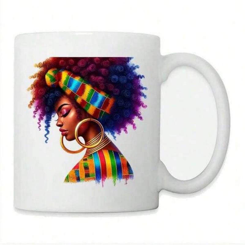 Tailorly White Ceramic 11 oz Mug - Vibrant Rainbow Colored Afro Hair Wearing Traditional Patterned Headwrap And Earrings Woman