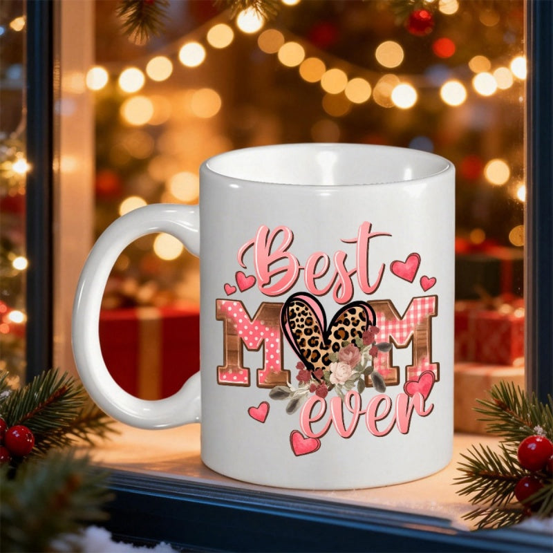 Tailorly White Ceramic 11 oz Mug - Best Mom Ever Leopard Print Pattern Plaid Decorative Flowers And Multiple Pink Hearts Heart