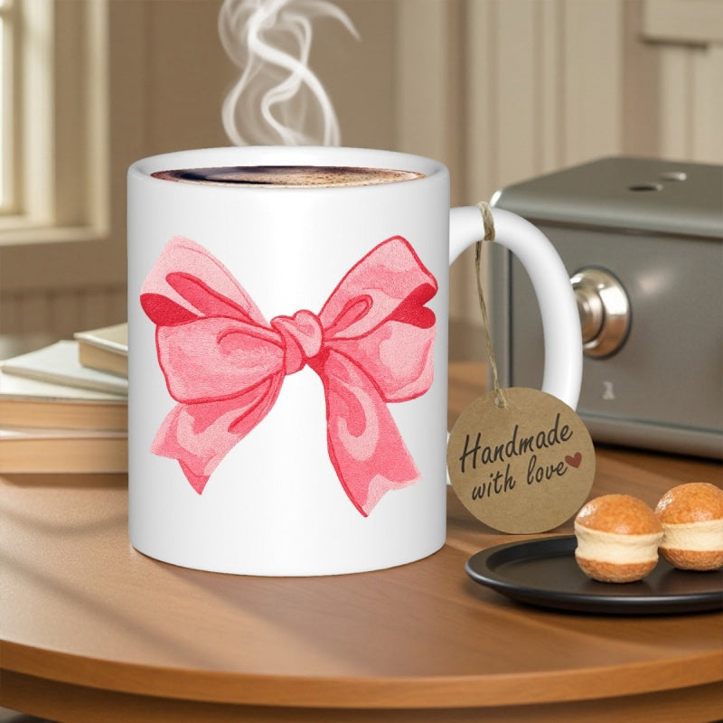 Tailorly White Ceramic 11 oz Mug - Elegant Pink Watercolor Silk Ribbon Tied In A Delicate Knot Bow