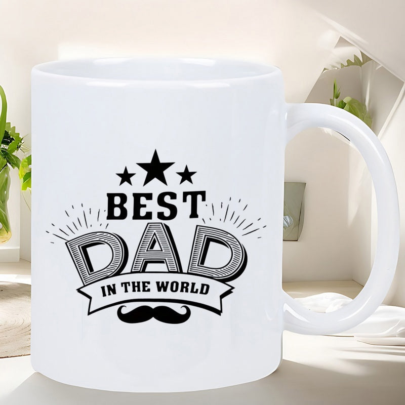 Tailorly White Ceramic 11 oz Mug - Best Dad In The World Decorative Stars With Rays Above A Banner And Classic Mustache