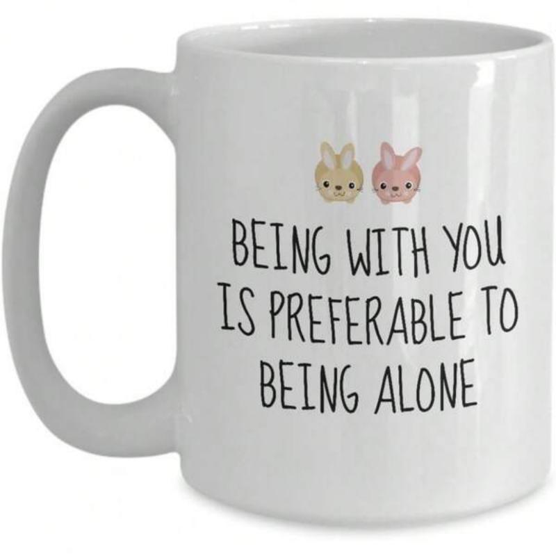 Tailorly White Ceramic 11 oz Mug - Being With You Is Preferable To Being Alone Two Small Minimalist Pastel Colored Hand Drawn Faces Among Gentle Words Rabbit