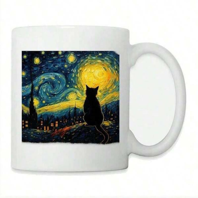 Tailorly White Ceramic 11 oz Mug - Whimsical Starry Night Sky With Swirling Yellow Moon And Silent Black Cat