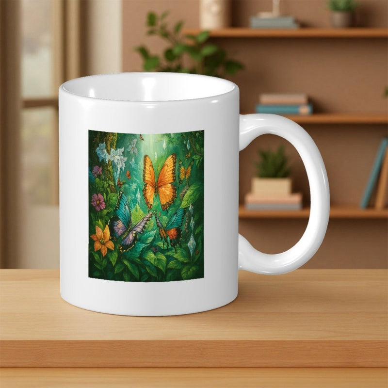 Tailorly White Ceramic 11 oz Mug - Lush Green Enchanted Garden With Vibrant Orange Monarch Resting Butterfly